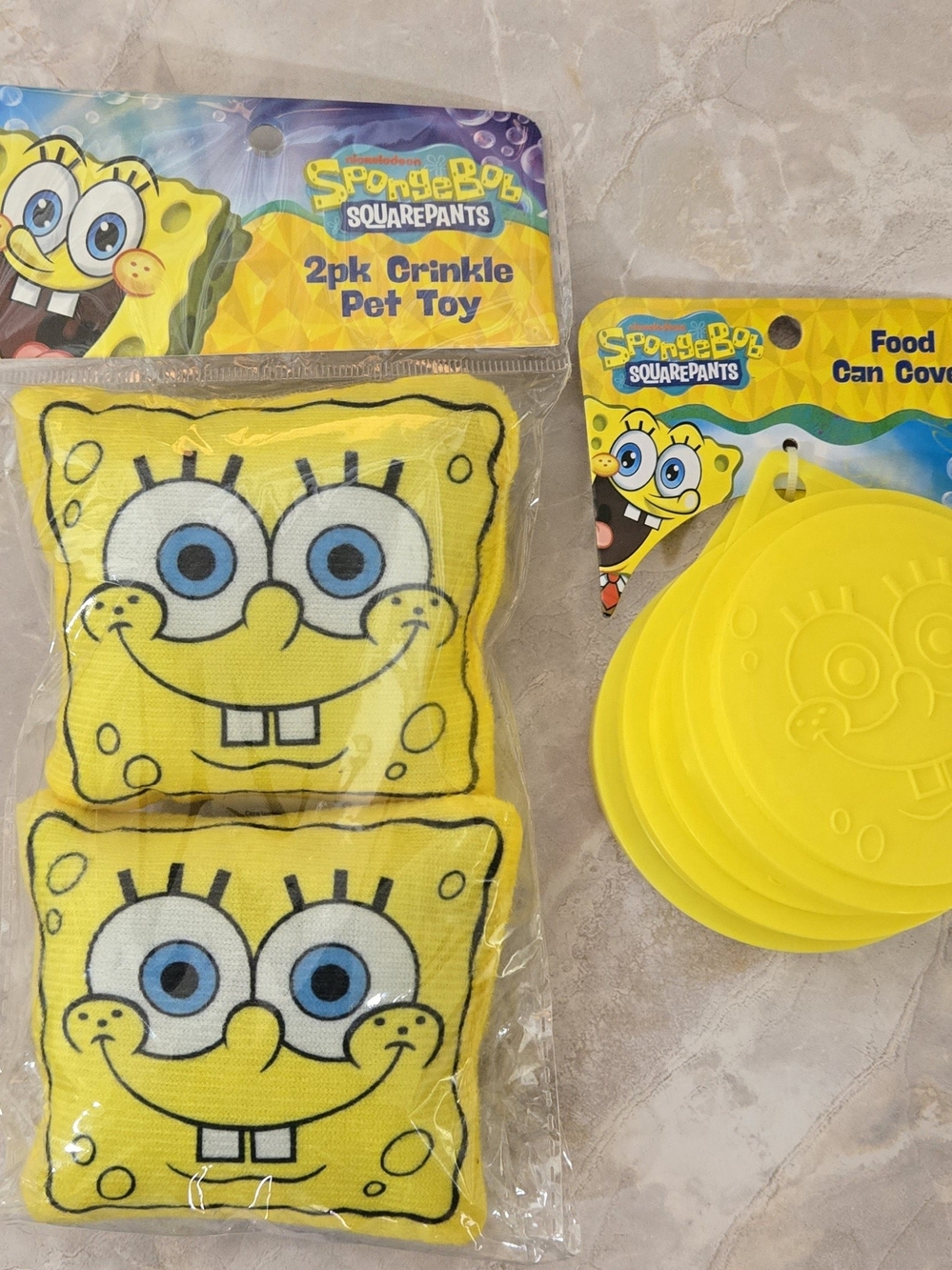 SpongeBob SquarePants Yellow Crinkle Pet Toy 2pk with 3 Yellow Food Can Covers